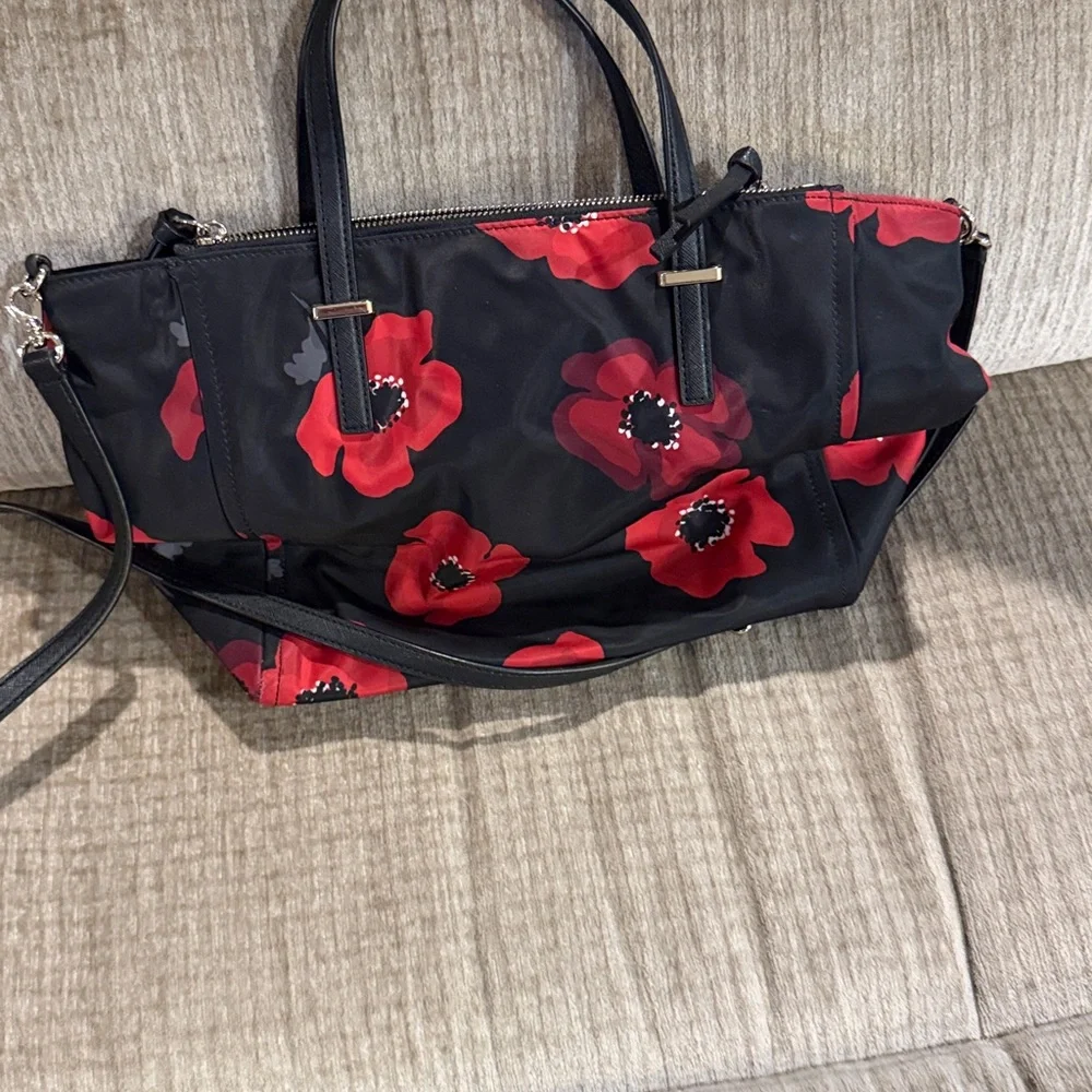 Kate Spade Black and Red Wilson Floral Alyse nylon satchel, and Red poppy print